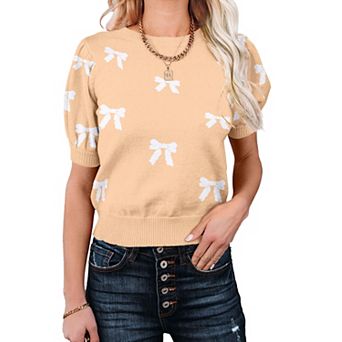 Women's Short Puff Sleeve Sweater Knit Top with Bow Print