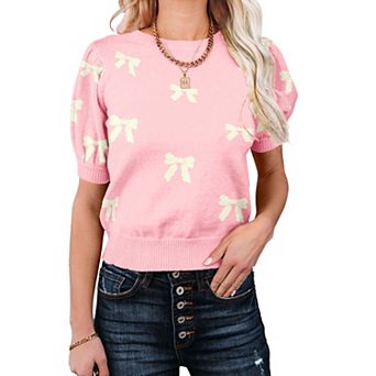 Women's Short Puff Sleeve Sweater Knit Top with Bow Print