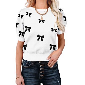 Women's Short Puff Sleeve Sweater Knit Top with Bow Print