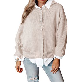 Women's Long Sleeve Sweaters Knit Button Shirt Lightweight Casual Basic Pullover Tops