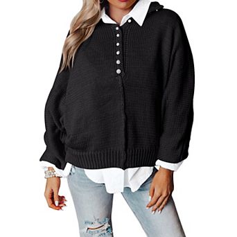 Women's Long Sleeve Sweaters Knit Button Shirt Lightweight Casual Basic Pullover Tops
