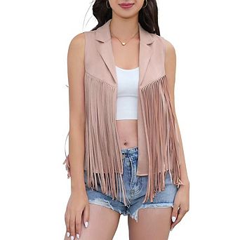 Women's Tassel Vest Hippie Faux Suede Rivets Sleeveless Costume Fringe Jacket