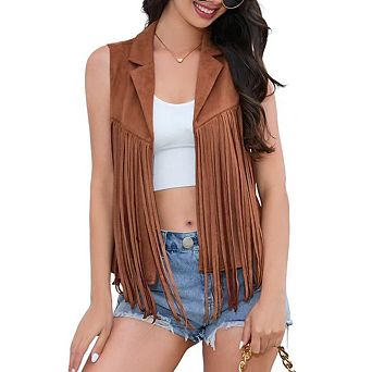 Women's Tassel Vest Hippie Faux Suede Rivets Sleeveless Costume Fringe Jacket