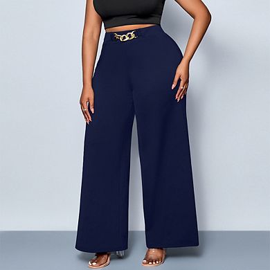Women's Plus Size Summer Fall High Waisted Wide Leg Long Pants Metal Button Slim Fit Casual Trousers
