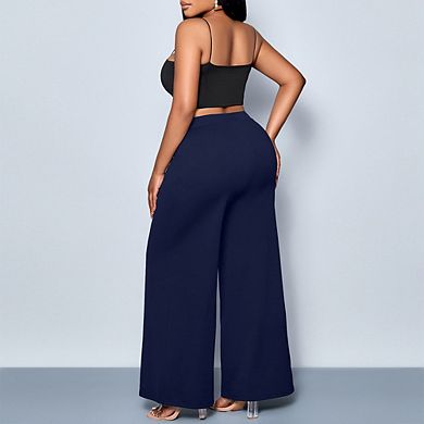 Women's Plus Size Summer Fall High Waisted Wide Leg Long Pants Metal Button Slim Fit Casual Trousers