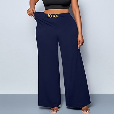 Women's Plus Size Summer Fall High Waisted Wide Leg Long Pants Metal Button Slim Fit Casual Trousers