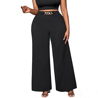 Women's Plus Size Summer Fall High Waisted Wide Leg Long Pants Metal Button Slim Fit Casual Trousers