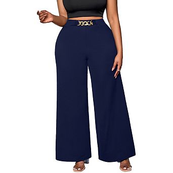 Women's Plus Size Summer Fall High Waisted Wide Leg Long Pants Metal Button Slim Fit Casual Trousers