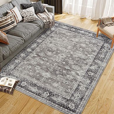 Washable Distressed Floral Area Rugs, Vintage Boho Throw Carpet Runner Rugs Indoor Outdoor