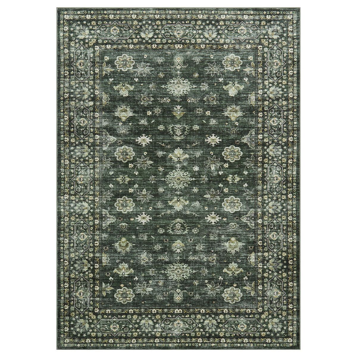 Washable Distressed Floral Area Rugs, Vintage Boho Throw Carpet Runner Rugs Indoor Outdoor - Green, 6X9 FT