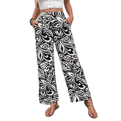 Women's stretch high-waisted wide-leg casual trousers with pockets
