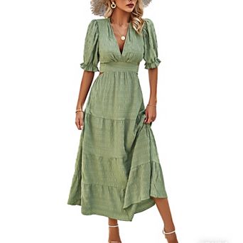 Women's Summer Maxi Dress Tiered Casual Vacation Dresses Puff Sleeve Cutout Tie Waist