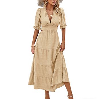 Women's Summer Maxi Dress Tiered Casual Vacation Dresses Puff Sleeve Cutout Tie Waist