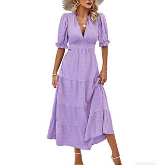 Women's Summer Maxi Dress Tiered Casual Vacation Dresses Puff Sleeve Cutout Tie Waist