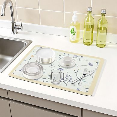 1Pc Diatomaceous Stone Dish Drying Mat, Floral Quick Dry Dish Drying Mats 15.7*11.8 in