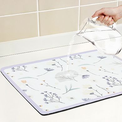 1Pc Diatomaceous Stone Dish Drying Mat, Floral Quick Dry Dish Drying Mats 19.7*15.7 in