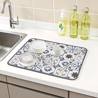 1Pc Diatomaceous Stone Dish Drying Mat, Floral Dish Mat Drying Kitchen Mat 15.7*11.8 in