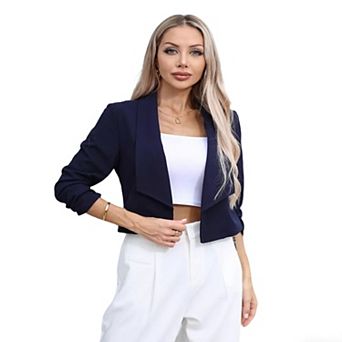 Women's Cropped Blazer Open Front Lapel Collar Ruched Cuff Casual Formal Short Jacket