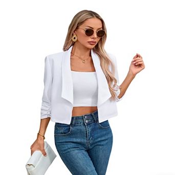 Women's Cropped Blazer Open Front Lapel Collar Ruched Cuff Casual Formal Short Jacket