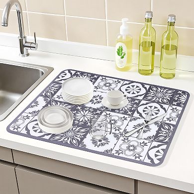 1Pc Diatomaceous Stone Dish Drying Mat, Floral Dish Mat Drying Kitchen Mat 19.7*15.7 in