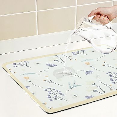 1Pc Diatomaceous Stone Dish Drying Mat, Floral Quick Dry Dish Drying Mats 23.6*19.7 in