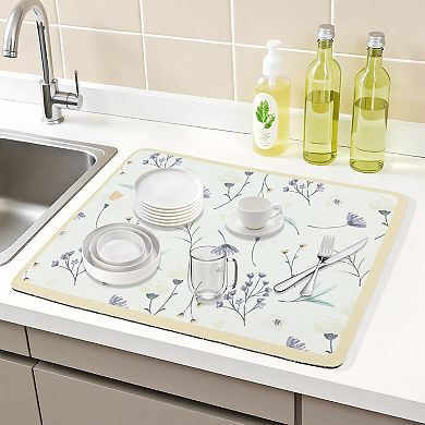 1Pc Diatomaceous Stone Dish Drying Mat, Floral Quick Dry Dish Drying Mats 23.6*19.7 in