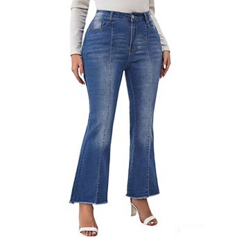 Women's Plus Size High Waist Flared Jeans Frayed Hem Slimming Stitch Casual Denim Pants