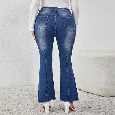 Women's Plus Size High Waist Flared Jeans Frayed Hem Slimming Stitch Casual Denim Pants