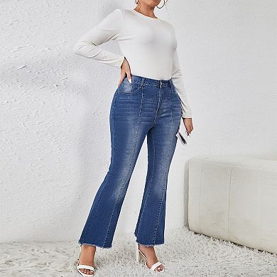 Women's Plus Size High Waist Flared Jeans Frayed Hem Slimming Stitch Casual Denim Pants
