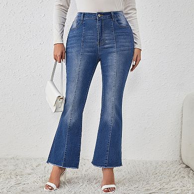 Women's Plus Size High Waist Flared Jeans Frayed Hem Slimming Stitch Casual Denim Pants