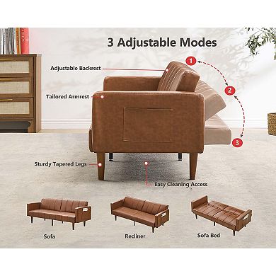 IDEALHOUSE Mid-Century PU Leather Convertible Futon Sofa Bed