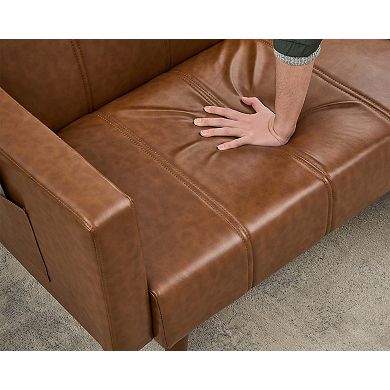 IDEALHOUSE Mid-Century PU Leather Convertible Futon Sofa Bed