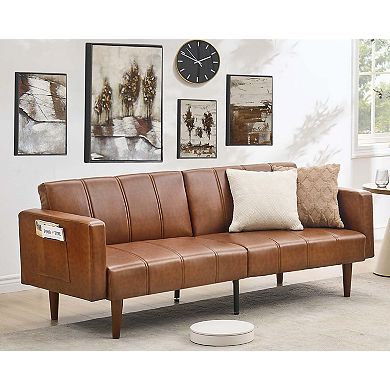 IDEALHOUSE Mid-Century PU Leather Convertible Futon Sofa Bed
