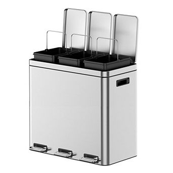 3 x 5.3 Gal Dual Compartment Step Trash Can, Stainless Steel with Removable Buckets