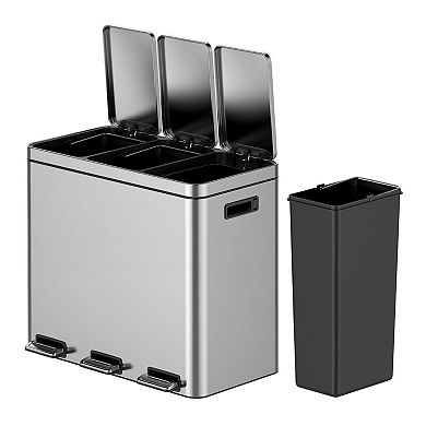 3 x 5.3 Gal Dual Compartment Step Trash Can, Stainless Steel with Removable Buckets