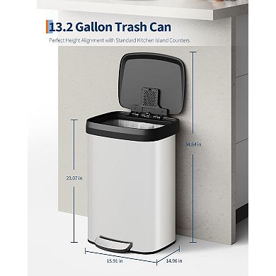 13 gal Rustproof Step-On Kitchen Trash Can with Lid, Soft-Close & Liner Rim