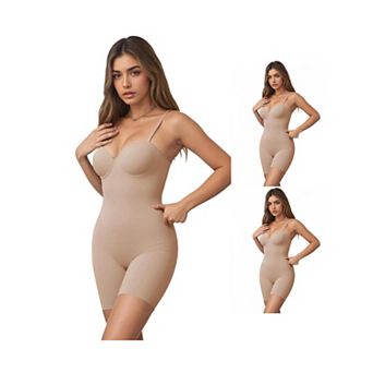 3 Packs Women's Strapless Shapewear Tummy Control Bodysuit Mid Thigh Full Body Shaper Built-In Bra