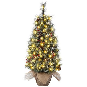 3ft Pre-Lit Snow Flocked Artificial Christmas Tree with 78 Lights, Pine Cones, Berries & Snowy Base