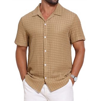 Men's Texture Shirts Short Sleeve Hollow Out Casual Knitted Shirt