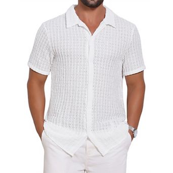Men's Texture Shirts Short Sleeve Hollow Out Casual Knitted Shirt