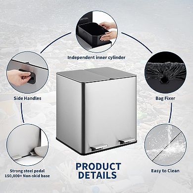 Dual 4 Gal/15L Stainless Steel Recycling Bin with Soft-Close Lid & Step Pedal