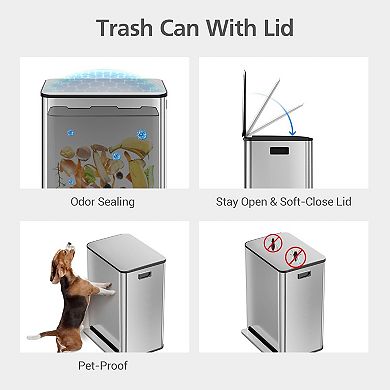 60L Dual Compartment Step Trash Can, 2x8 Gal Stainless Steel Kitchen Recycling Bin