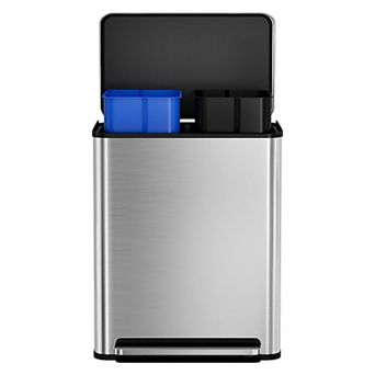 60L Dual Compartment Step Trash Can, 2x8 Gal Stainless Steel Kitchen Recycling Bin