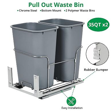 Dual 25QT Pull-Out Trash Can: Under-Cabinet Bin with Quiet Full Extension.
