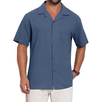 Men's Camp Collar Shirt Chest Pocket Button Down Short Sleeve Cotton Shirts