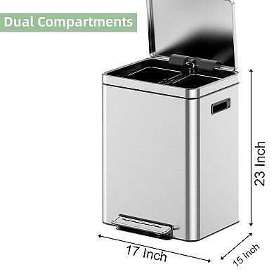 5.3-Gallon x2 Dual Compartment Stainless Steel Recycling Bin, Soft-Close Lids