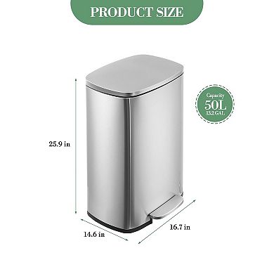 13 Gallon Brushed Stainle​​ss Step Trash Can, Soft-Close Foot Pedal, Fingerprint Resistant