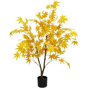 Artificial Yellow Maple Tree in Planter, Realistic Leaves for Home & Office Decor