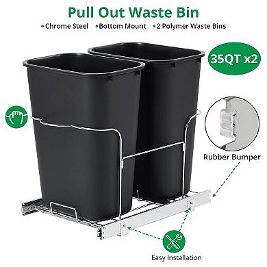 Dual 35QT Pull-Out Trash Can: Under-Cabinet Bin with Quiet Full Extension.