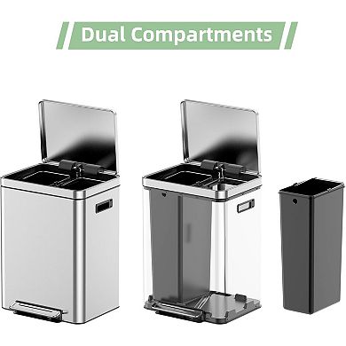 4-Gallon x2 Dual Compartment Stainless Steel Recycling Bin, Soft-Close Lids